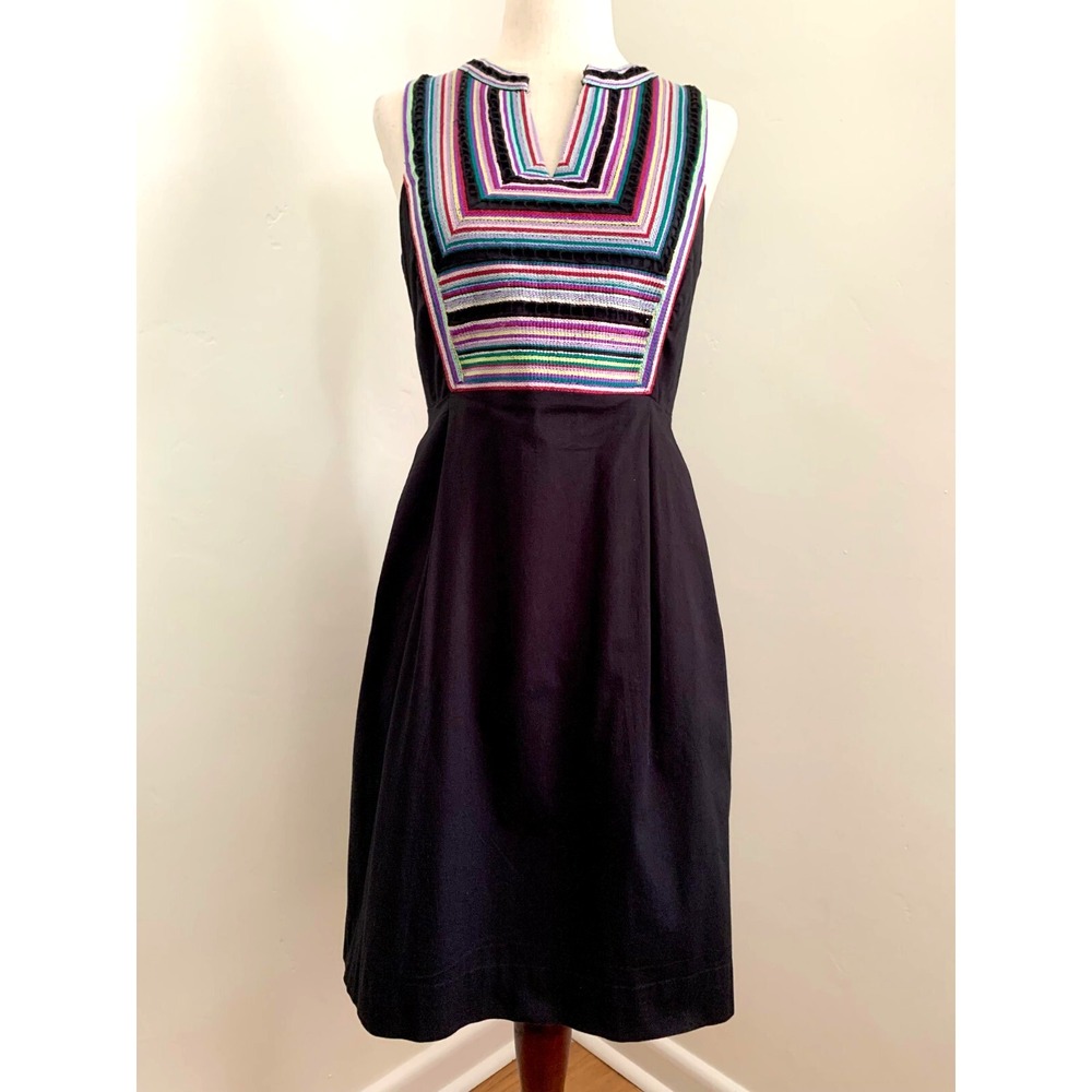 Shoshanna Embroidered Ribbon Fit Flare Dress sz 2 0 XS Stretch Cotton Pockets